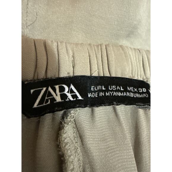 Zara Women's Beige Khaki High Waisted Drawstring Wide Leg Trousers Pants Size L - Picture 5 of 6